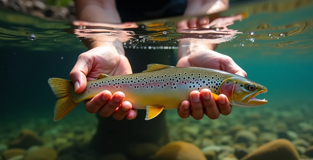 Mains dans l'eau tenant délicatement une truite mouchetée, perspective immersive au niveau de l'eau