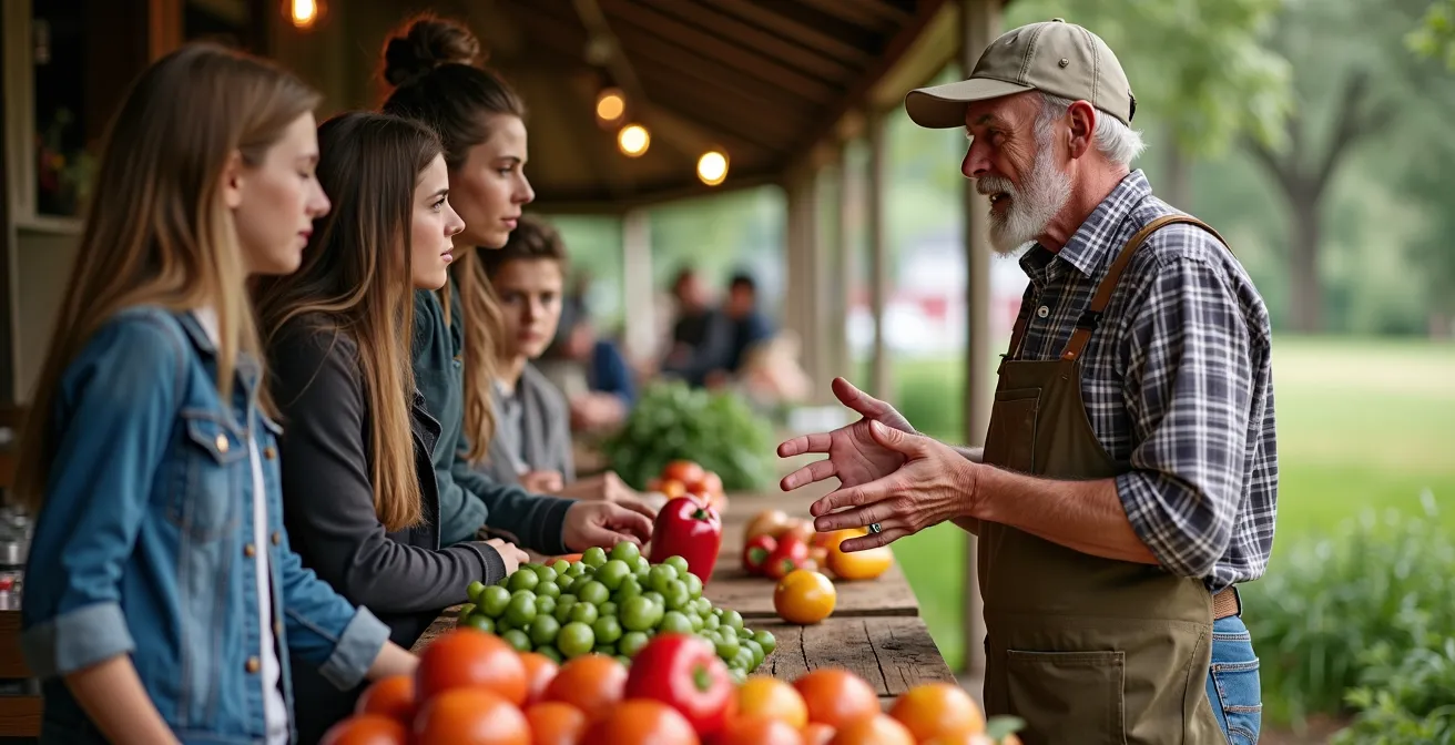 Rencontre chaleureuse entre un producteur local et des visiteurs dans une ferme québécoise