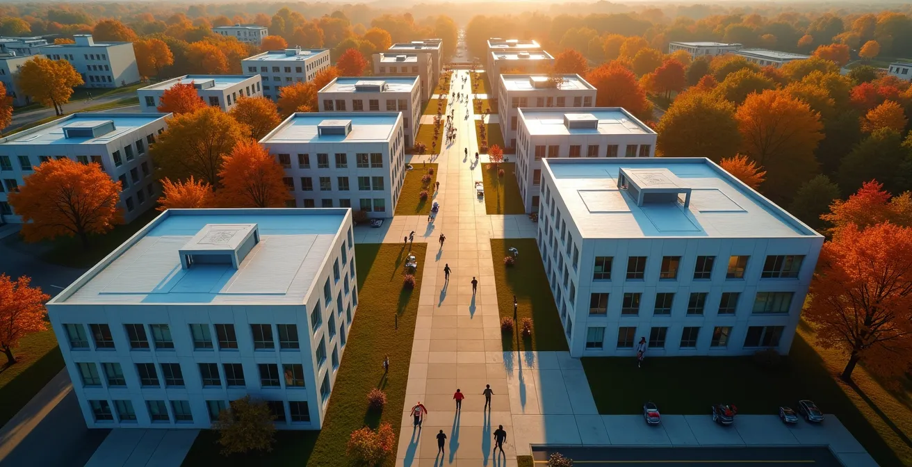 Vue aérienne minimaliste d'un campus universitaire québécois avec des chemins créant des connexions visuelles entre les bâtiments
