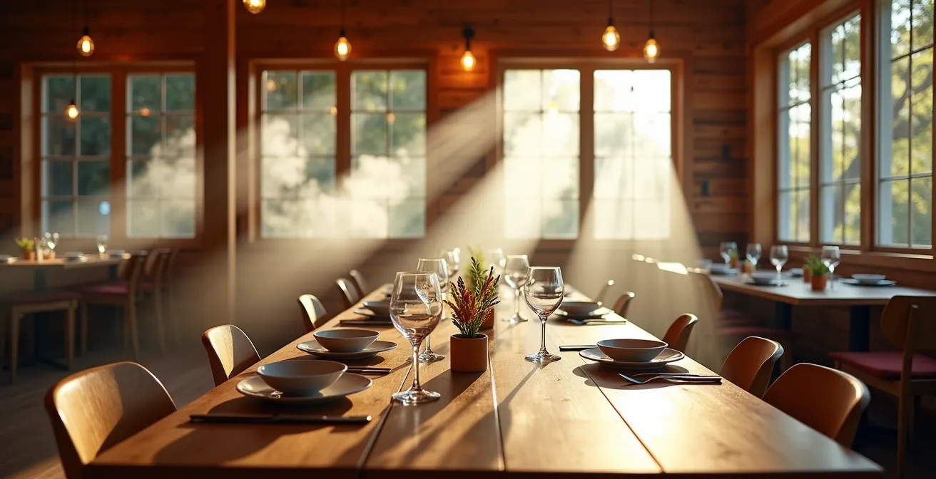 Intérieur d'une cabane à sucre québécoise modernisée avec touches gastronomiques contemporaines