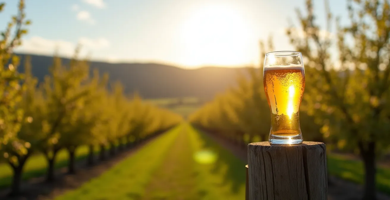 Vergers de pommiers en fleurs avec vue sur les collines montérégiennes