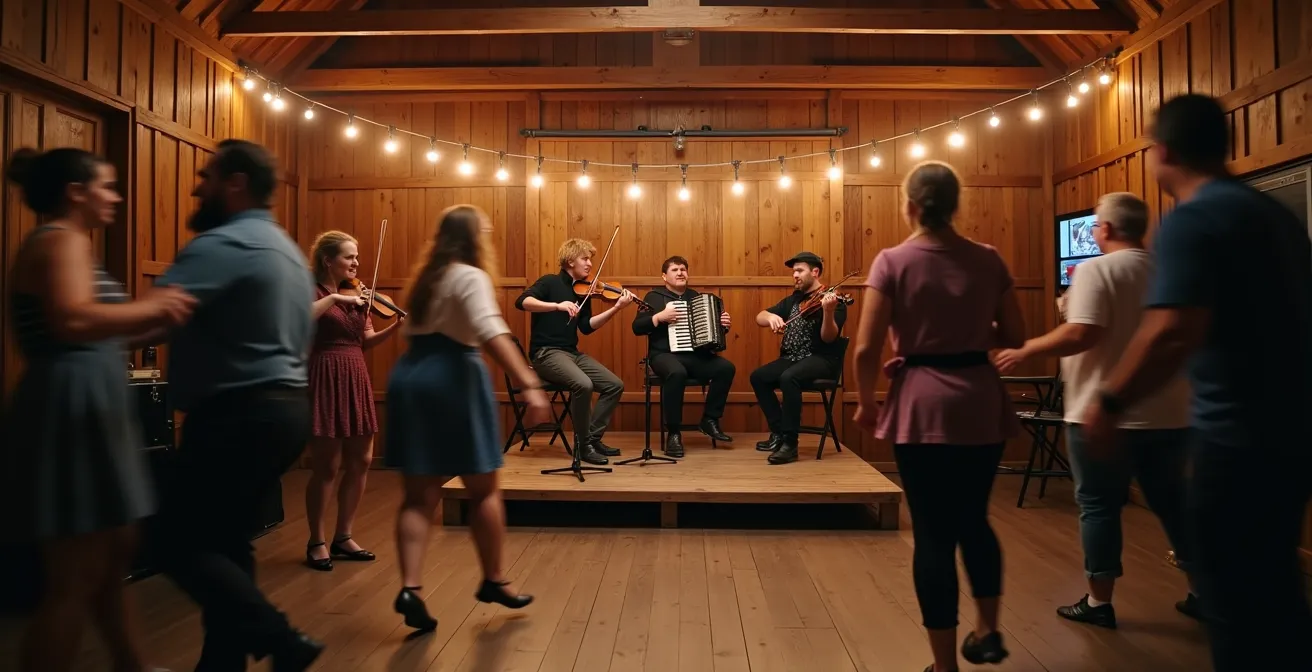 Veillée de musique traditionnelle québécoise avec violoneux et danseurs en mouvement