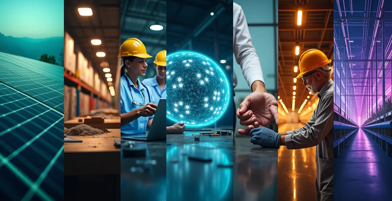Mosaïque visuelle des cinq secteurs d'avenir au Québec avec travailleurs en action