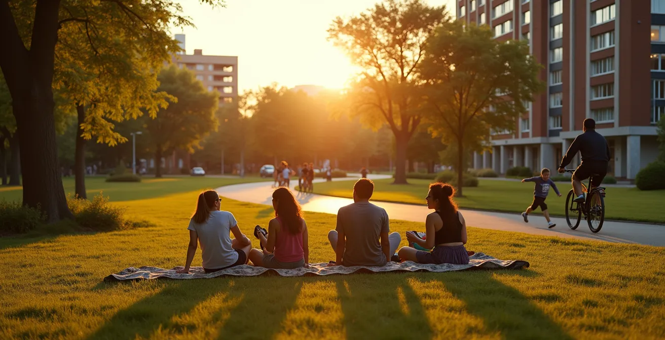Parc urbain québécois paisible avec familles et cyclistes