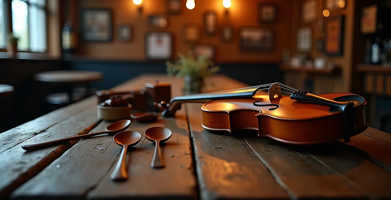 Session de jam de musique traditionnelle dans un pub montréalais avec musiciens amateurs