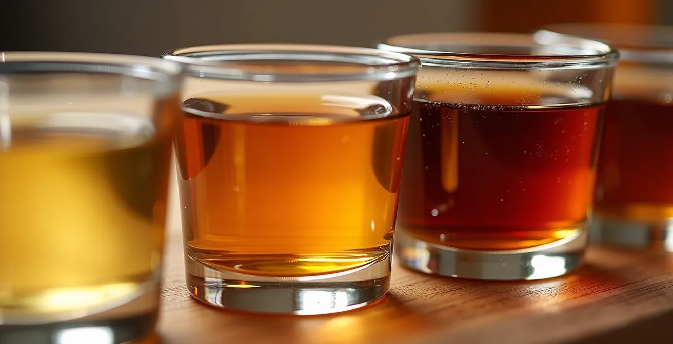 Quatre verres de sirop d'érable de différentes teintes disposés en dégradé du doré au très foncé