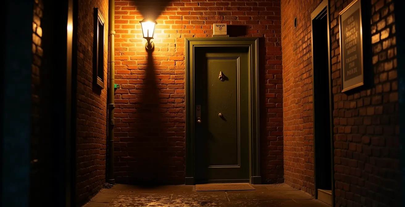 Entrée discrète d'un bar caché de Montréal avec porte mystérieuse dans une ruelle sombre