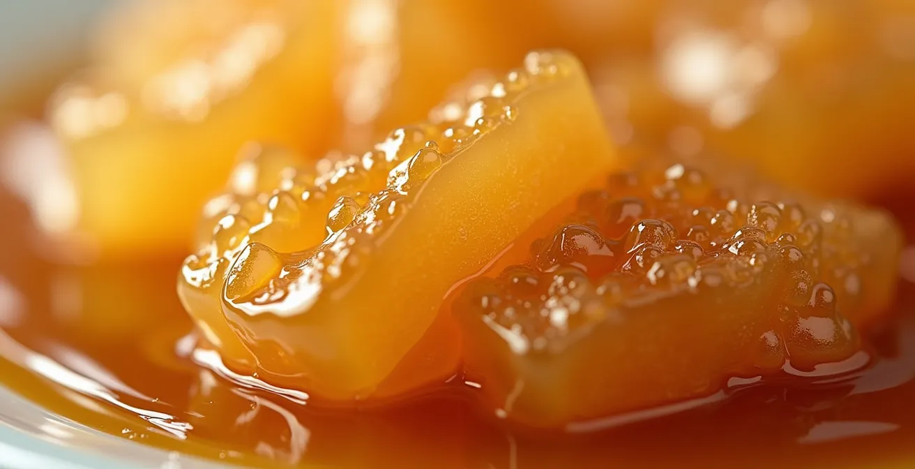 Gros plan macro sur la texture crémeuse et dorée d'une tarte au sucre québécoise traditionnelle