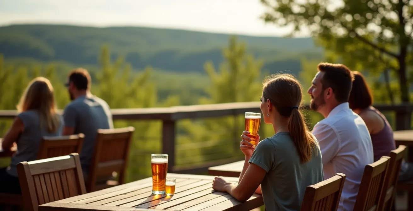 Terrasse de cidrerie avec vue panoramique sur les vergers de la Montérégie