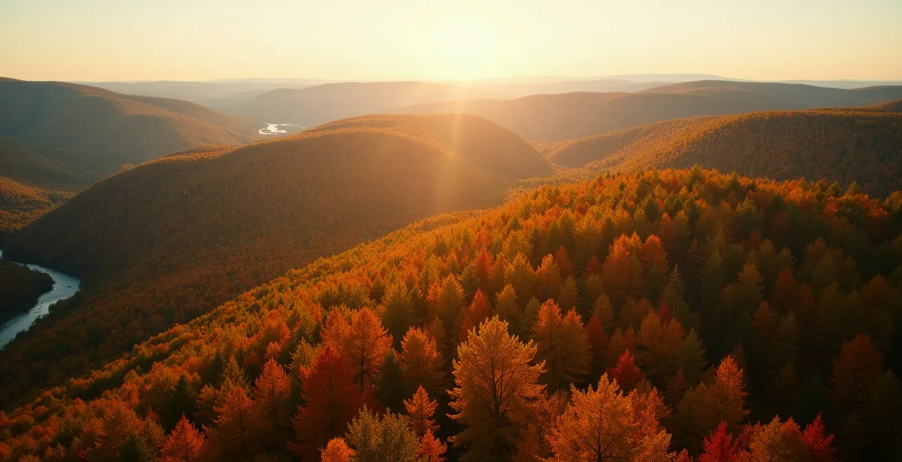Vue aérienne d'érablières québécoises montrant la diversité des paysages et terroirs