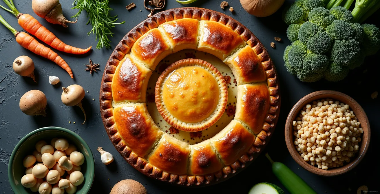 Ingrédients locaux du Québec arrangés artistiquement autour d'une tourtière moderne