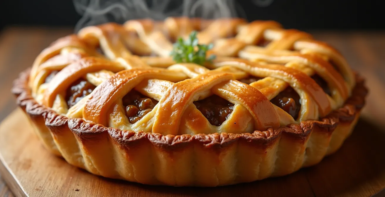 Trois types de tourtières du Québec présentées sur une table rustique en bois