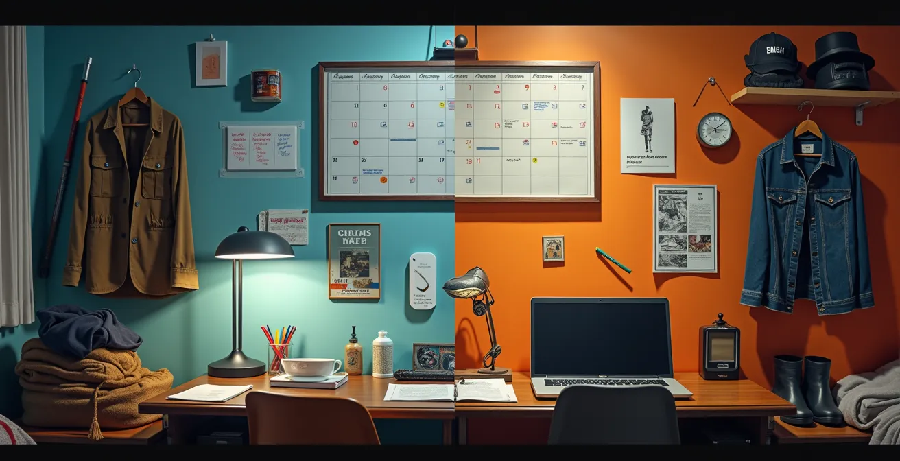 Adolescent organisant son espace d'étude personnel dans sa chambre québécoise