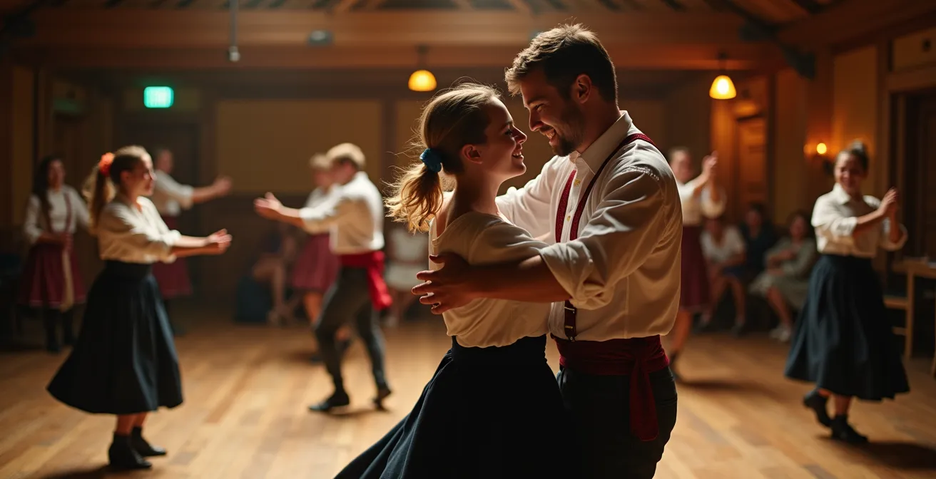 Ambiance chaleureuse d'une veillée de danse traditionnelle québécoise avec musiciens et danseurs