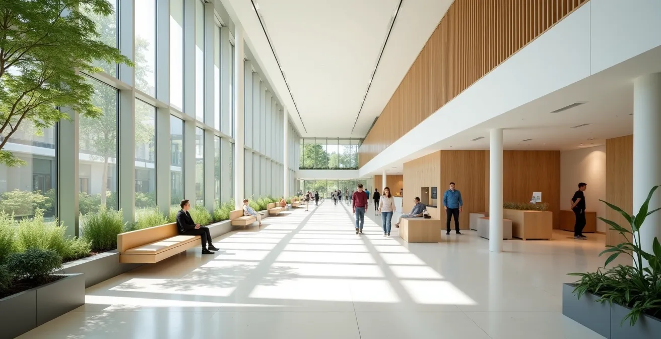Vue d'ensemble d'un musée moderne avec espaces de repos et jardins intérieurs baignés de lumière naturelle